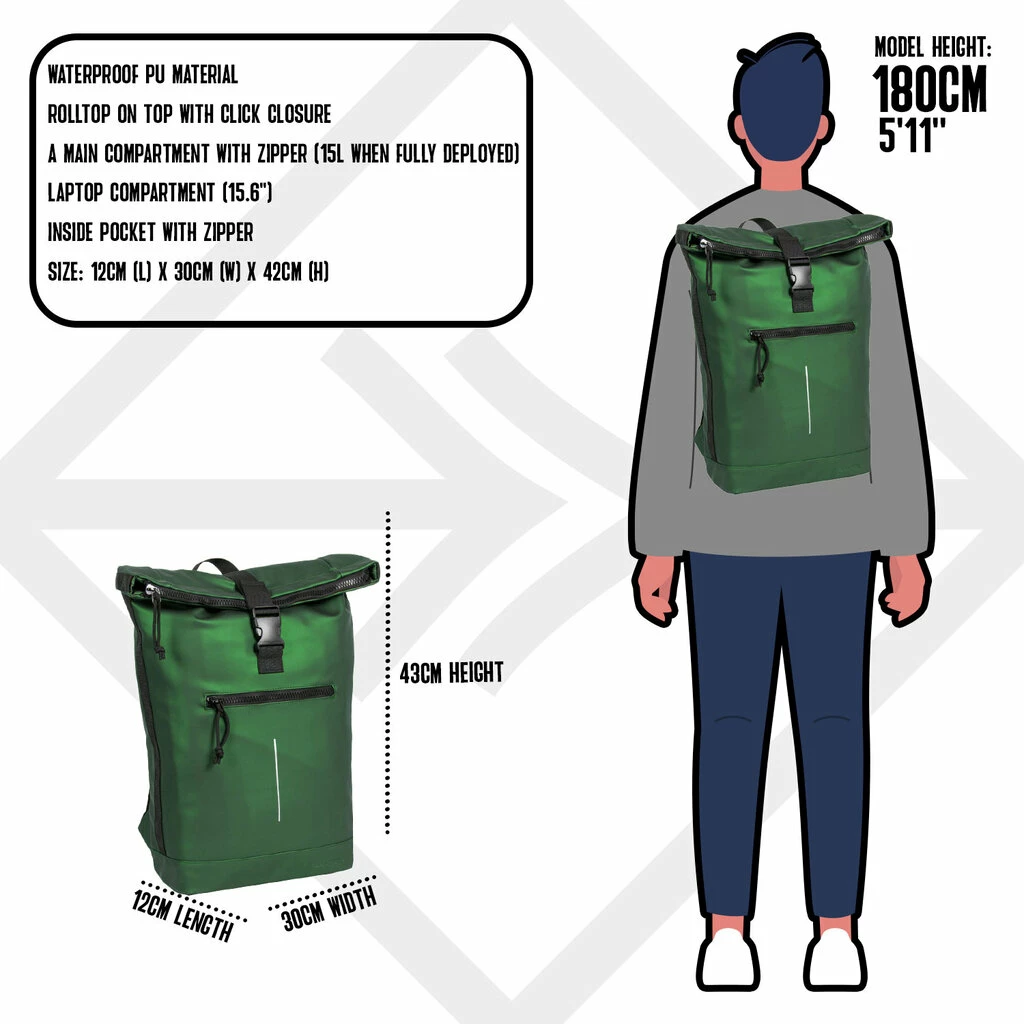 New Rebels ® Mart - Rolltop - Rugzak - Waterafstotend - Metallic Green - Large II - Rugtas 6 New Rebels ® Mart - Rolltop - Rugzak - Waterafstotend - Metallic Green - Large II - Rugtas - Afbeelding 4